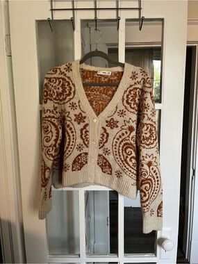 Mango Beige and Golden Brown Paisley V-Neck Button Cardigan